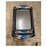 Rachael Ray Bakeware Nonstick Cookie Pan Set, 3-Piece, Gray with Agave Blue Grips