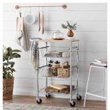 Amazon Basics 3-Tier Metal Basket Rolling Cart with Wood Top