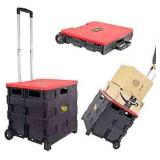 dbest products Quik Cart Collapsible Rolling Crate on Wheels for Teachers Tote Basket 80 lbs Capacity, Made from Heavy Duty Plastic and Used as a Seat, Standard, Red