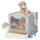 Q-Hillstar Large Top Entry Cat Litter Box with Lid, Foldable Cat Litter Box with Scoop, Extra Large Cat Litter Box Covered, Anti-Splashing Enclosed Cat Toilet Box (Gray)