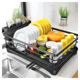 Dish Drying Rack for Kitchen Counter - Large Dish Rack with Drainboard, Rustproof Dish Drainer with Utensil Holder for Sink, Black