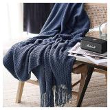 LOMAO Knitted Throw Blanket with Tassels Bubble Textured Lightweight Throws for Couch Cover Home Decor (Navy, 60x80)