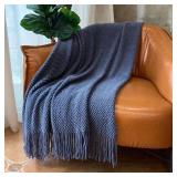 LOMAO Knitted Throw Blanket with Tassels Bubble Textured Lightweight Throws for Couch Cover Home Decor (Navy, 60x80)