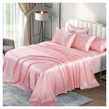 Pothuiny Satin Sheets - Queen Bedding Sets (6 Pieces, Blush Pink) - Luxury Silky Satin, 1 Fitted Sheet + 1 Flat Sheet + 4 Pillow Cases
