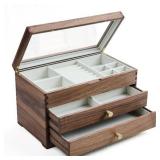 Beexchange Black Walnut Wooden Jewelry Box - Allwood, Handcrafted, Glass Lid 2 drawer. Gift for Women, Men, and Girls. large Jewelry Organizer Storage.(Triple-Layer) - Retail: $139.9