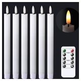 GenSwin Flameless White Taper Candles Flickering with 10-Key Remote, Battery Operated Led Warm 3D Wick Light Window Candles Real Wax Pack of 6, Christmas Home Wedding Decor(0.78 X 9.64 Inch)