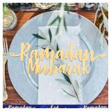 Queekay 12 Pieces Ramadan Mubarak Wood Sign Eid Place Settings Sign Ramadan Kareem Wooden Word Cutouts Ornaments Islamic Table Decor for Eid Ramadan Islamic Home Party