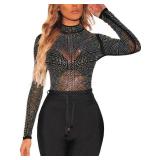 SEBOWEL Women Rhinestone Top Glitter Sparkly Long Sleeve See Through Mesh Sheer Top Blouse Shirt Clubwear, Black, XL