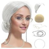Cupohus Old Lady Costume Set Grandma Wig Granny Wig Cap Madea Granny Glasses Eyeglass Chains Cords Faux Pearl Bead Necklace Old Lady Cosplay Set 5 Pieces (silver white bun)