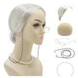 Cupohus Old Lady Costume Set Grandma Wig Granny Wig Cap Madea Granny Glasses Eyeglass Chains Cords Faux Pearl Bead Necklace Old Lady Cosplay Set 5 Pieces (silver white bun)