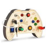 Montessori Busy Board Toy for 1 2 3 Year Old Kids, Wooden Controller Sensory Toy for Autistic Children with LED Light Up Buttons, Early Learning Fidget Toy Great for Gift