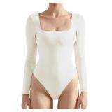 SUUKSESS Women Long Sleeve Bodysuit Sexy Square Neck Thong Body Suit Shirts Top for Fall and Winter (White, XS)