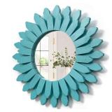 Honiway Beach Wall Decor Mirror 12 inch Wood Coastal Wall Decor Sunburst Boho Home Decor Room Decor for Bedroom Living Room Bathroom Cyan
