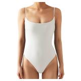 SUUKSESS Women Sexy Square Neck Thong Bodysuit Backless Sleeveless Cami Body Suit Top (White, S)