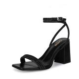 ISNOM Black Rhinestone Heels - Chunky, Strappy, Sparkly Size 7