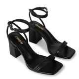 ISNOM Black Rhinestone Heels - Chunky, Strappy, Sparkly Size 7
