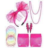 Blulu 80s Accessories Women Lace Headband Earrings Fishnet Gloves Necklace Bracelet for 80s Retro Party Halloween(Rose Red)