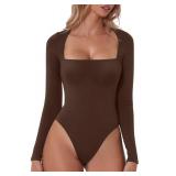 QINSEN Sexy Bodysuit for Women Square Neck High Cut Thong Tops Long Sleeve Shirt Coffee Bean L