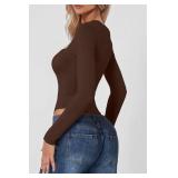 QINSEN Sexy Bodysuit for Women Square Neck High Cut Thong Tops Long Sleeve Shirt Coffee Bean L
