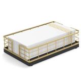 Wican Guest Towel Holder Tray for Bathroom, Oak and Iron Napkins Holder for Powder Room Dinning Table Wooden Basket for Disposable Paper Hand Towels Gold and Black