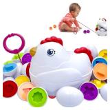 Easter Matching Eggs Toddler Toy with Push & Pull Chicken Box, 12 Pcs Montessori Sorter Learning Educational Toy, Multiple Shapes and Colors Fine Motor Skills Sensory Toy, Gift for Boys Girls