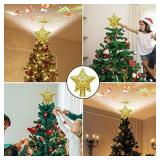 Christmas Tree Topper Star LED Projector with Rotating Colorful Christmas Elements Pattern, 3D Hollow Sparkling Xmas Tree Toppers, Plug in Star Topper for Home Holiday Christmas New Year Tree Decor