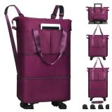 VOOWO Duffel Bag with Wheels - Rolling Foldable Expandable Duffle Bag with Wheels for Travel, Rolling Luggage Bag Carry On Travel Bag with Wheels, Large Wheeled Overnight Weekender Bag (Deep Purple)