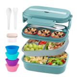 Bento Box Adult Lunch Box, Stackable Lunch Container for Adults Men Women Kids, 63oz 3 Layer Large Lunch Box Container with Utensil Set, Sauce Container, Muffin Cups, Green
