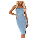 utcoco Denim Dress for Women Strapless Sleeveless Side Slit Sexy Skinny Bodycon Midi Jean Tube Dresses for Women (Small, Light Blue)