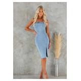 utcoco Denim Dress for Women Strapless Sleeveless Side Slit Sexy Skinny Bodycon Midi Jean Tube Dresses for Women (Small, Light Blue)