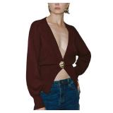 URBAN REVIVO Women Knitted Cardigans Long Sleeve V-Neck Lightweight Sweater One Leaf Button Down Outwear Wine Red,3X-Large