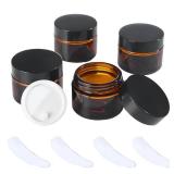 OverNews 2oz Amber Glass Jar Travel Size, 4PCS Empty Cosmetic Lotion Container with Black Lid & Spatula, Small Mini Jar for Beauty