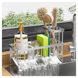 Cisily Sink Caddy Sponge Holder for Kitchen Sink, 304 Stainless Steel Rustproof, Kitchen Sink Caddy with High Brush Holder, Kitchen Sink Organzier Dish Sponge Organizer with Divider(Silver)