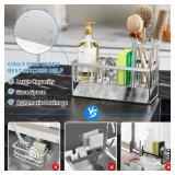 Cisily Sink Caddy Sponge Holder for Kitchen Sink, 304 Stainless Steel Rustproof, Kitchen Sink Caddy with High Brush Holder, Kitchen Sink Organzier Dish Sponge Organizer with Divider(Silver)