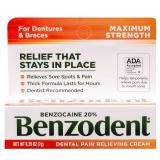 Benzodent Dental Pain Relieving Cream for Dentures and Braces, Topical Anesthetic, 0.25 Ounce Tube