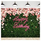 Riyidecor Happy Birthday Backdrop for Women Neon Flower Wall Pink Rose Green Leaves Floral Blossom Botanical Plant Nature 7Wx5H Feet Girls Photography Background Birthday Photo Studio Shoot Fabric