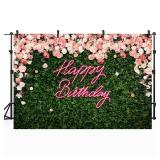 Riyidecor Happy Birthday Backdrop for Women Neon Flower Wall Pink Rose Green Leaves Floral Blossom Botanical Plant Nature 7Wx5H Feet Girls Photography Background Birthday Photo Studio Shoot Fabric