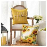 Home Sweet Sunflower Yellow Throw Pillow Covers, 18x18 Inch Summer Seasonal Decorations Set of 4 - Retail: $4492.41