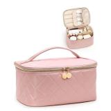 Prite Makeup Bag, Large Capacity Portable Travel Cosmetic Bag, Waterproof Makeup Organizer for Women with Handle and Divider(Pink Rhombus)