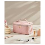 Prite Makeup Bag, Large Capacity Portable Travel Cosmetic Bag, Waterproof Makeup Organizer for Women with Handle and Divider(Pink Rhombus)