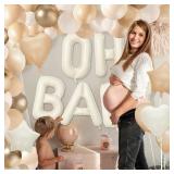 Lecheme Boho Baby Shower Balloons Oh Baby Cream Letter Balloons Set for Baby Shower 115 Pcs Thick Mylar Balloons for Baby Girl Shower Beige Baby Shower Decorations