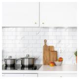 StyloVue 100 Pieces Peel and Stick Backsplash for Kitchen, 3" x 6" PVC Subway Tile 2025 Upgraded Glossy White Marble with White Grout Backsplash Stick on Tile Elevate Kitchen Fireplace RV