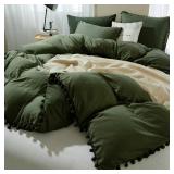 ETDIFFE King Size Pom Duvet Cover, 3 Piece Boho Farmhouse Microfiber Comforter Cover Set, Soft and Lightweight Bedding Quilt Cover, Solid Dark Olive Green
