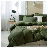 ETDIFFE King Size Pom Duvet Cover, 3 Piece Boho Farmhouse Microfiber Comforter Cover Set, Soft and Lightweight Bedding Quilt Cover, Solid Dark Olive Green