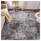 Enqinar Modern Abstract 3x5 Rug, Bedside Area Rug, Machine Washable Non Slip Rugs for Bedroom, Low Pile Stain Resistant Distressed Rug for Nursery, Living Room, Dining Room, Dark Grey