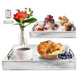 Rustic Wooden Serving Trays with Handle - Set of 2 - Large and Small Nesting Multipurpose Trays - for Breakfast, Coffee Table/Butler & More - Rustic White