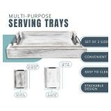 Rustic Wooden Serving Trays with Handle - Set of 2 - Large and Small Nesting Multipurpose Trays - for Breakfast, Coffee Table/Butler & More - Rustic White