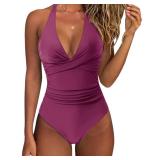 SUUKSESS Women Sexy Tummy Control One Piece Swimsuits Halter Push Up Monokini Bathing Suits (Wine Red, S)