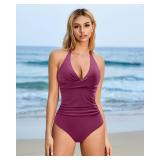 SUUKSESS Women Sexy Tummy Control One Piece Swimsuits Halter Push Up Monokini Bathing Suits (Wine Red, S)