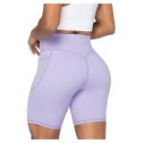 Sunzel No Front Seam Biker Shorts for Women with Pockets, Yoga Workout Gym Bike Shorts with Tummy Control 8" Lilac Medium